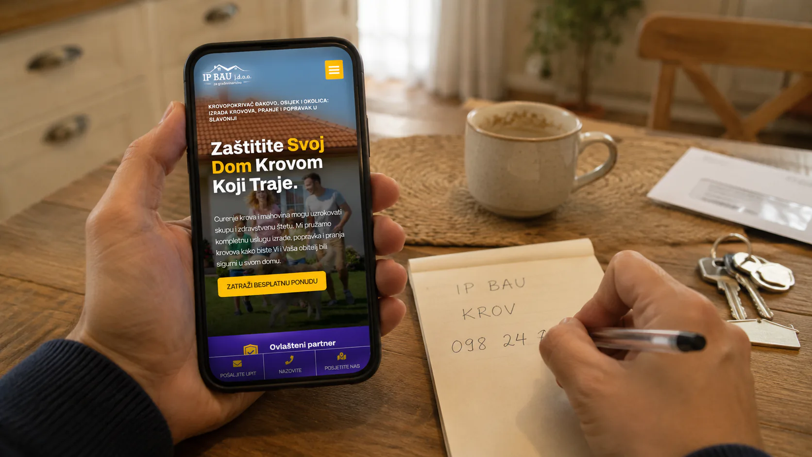 Vlasnik kuće na mobitelu pregledava stranicu krovopokrivačke tvrtke IP BAU i zapisuje broj telefona na blokić