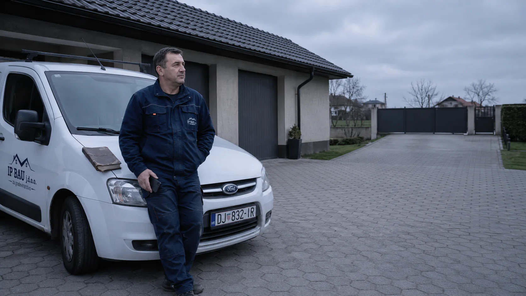 Vlasnik građevinske tvrtke stoji uz kombi u praznom dvorištu s ugašenim telefonom u ruci
